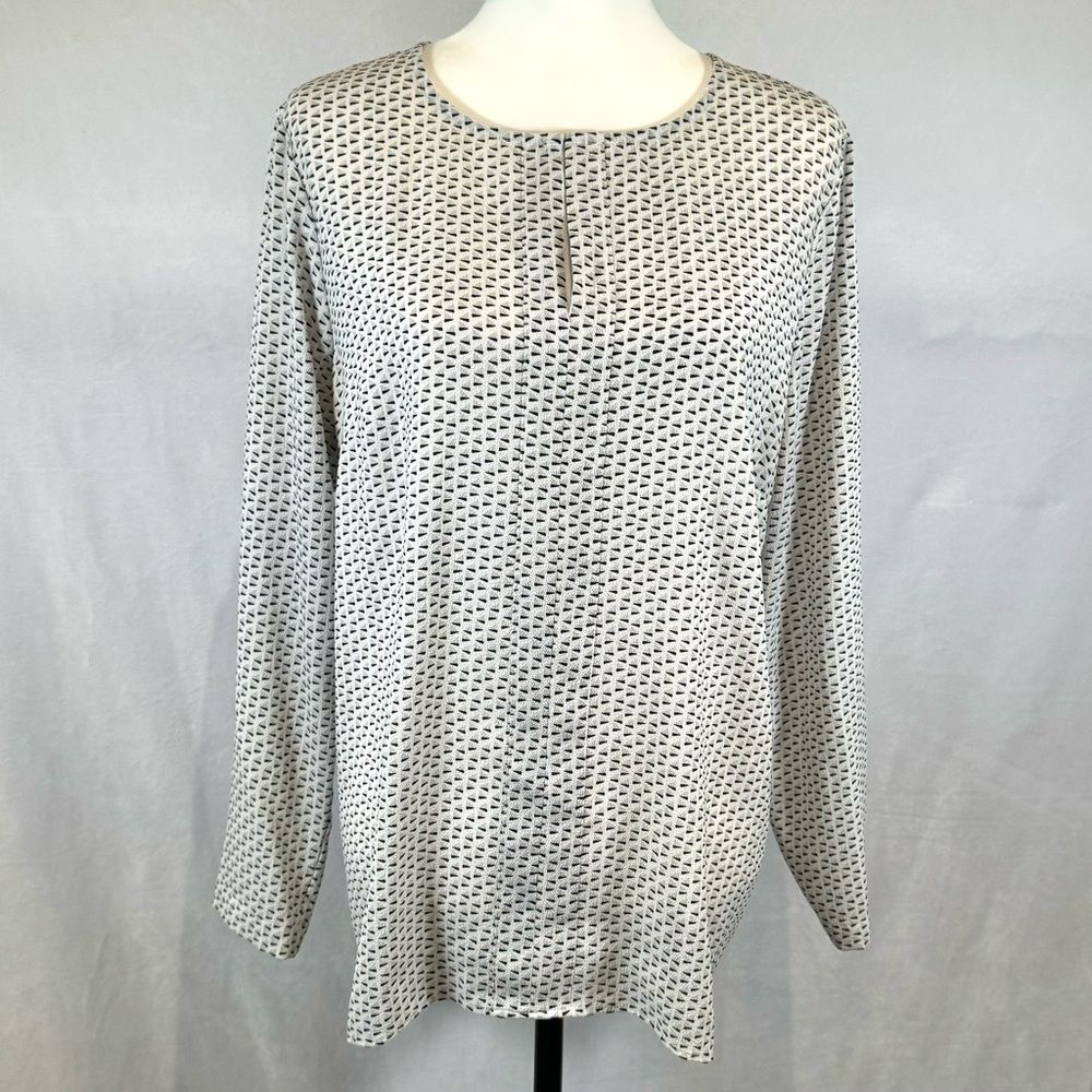 Jones New York white black and tan geometric print long sleeve top size large